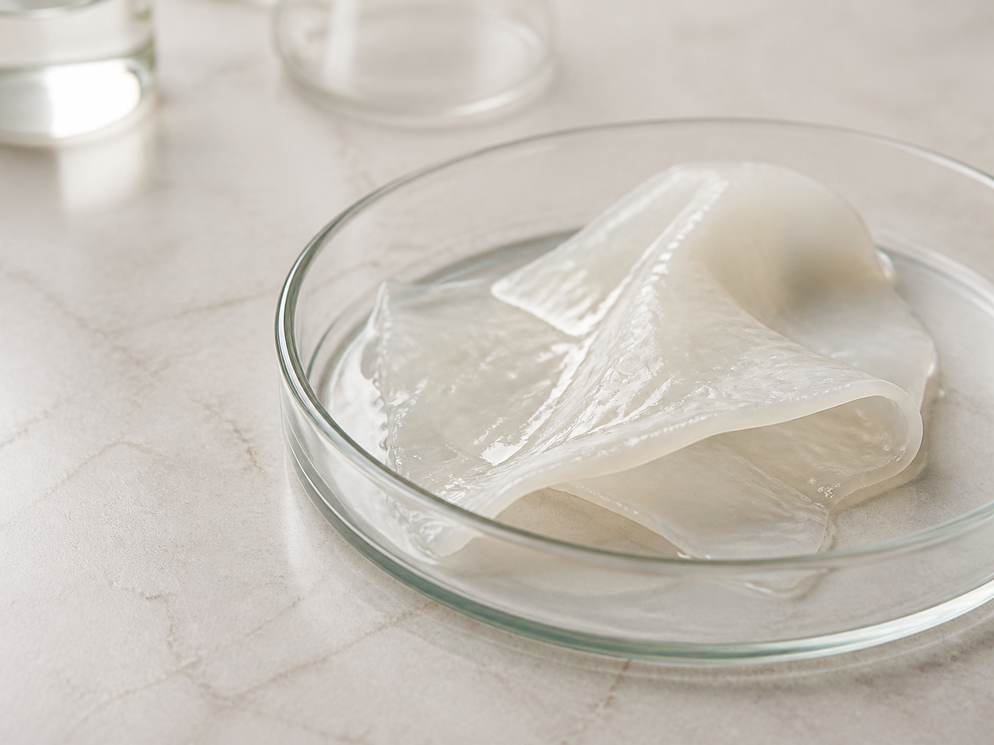 培养皿中的 NatFibra BioCellulose 湿态材料样品